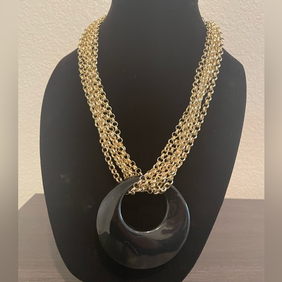Chico’s Black Medallion & Gold Strands Modern Necklace - Picture 1 of 7